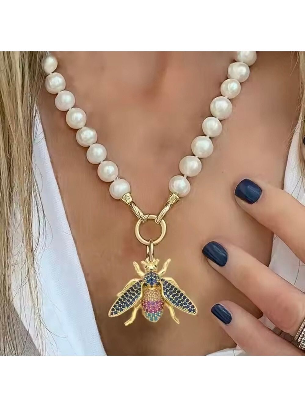 Pearl Necklace with Gold and Multicolor Bee Pendant
